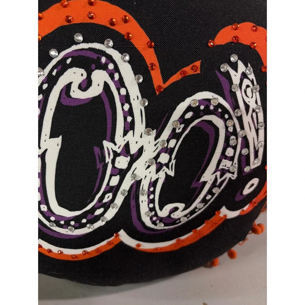 Halloween Boo Round Throw Pillow Black Orange Rhinestone Pom Pom Trim 15 Inch